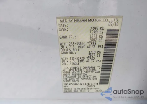 2017 Nissan Murano Platinum из США, поврежденный, VIN 5N1AZ2MH2HN106174